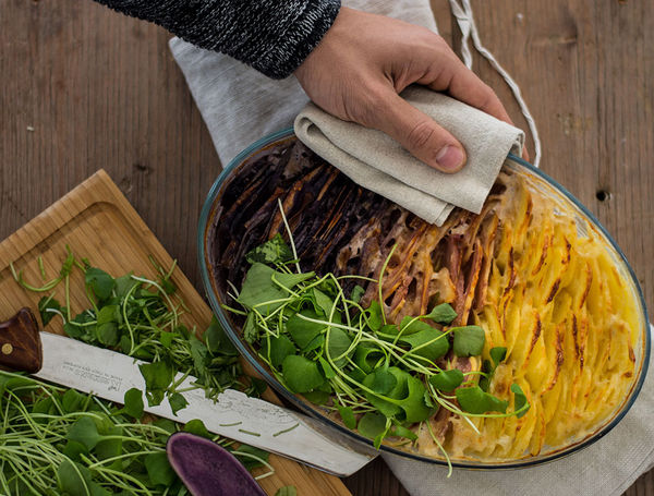 Herdöpfelgratin mit dreierlei Kartoffeln Herdöpfelgratin mit dreierlei Kartoffeln